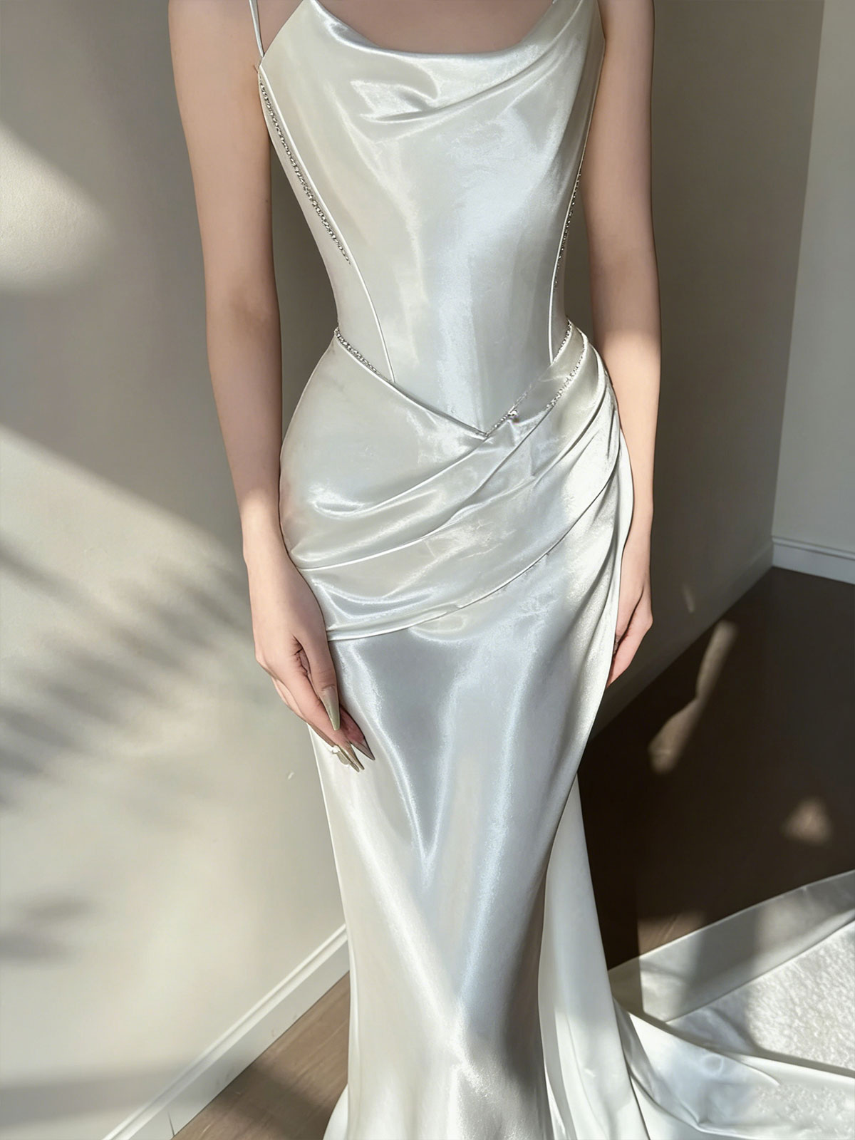 Luminous White Satin Cowl Neck Mermaid Wedding Dress