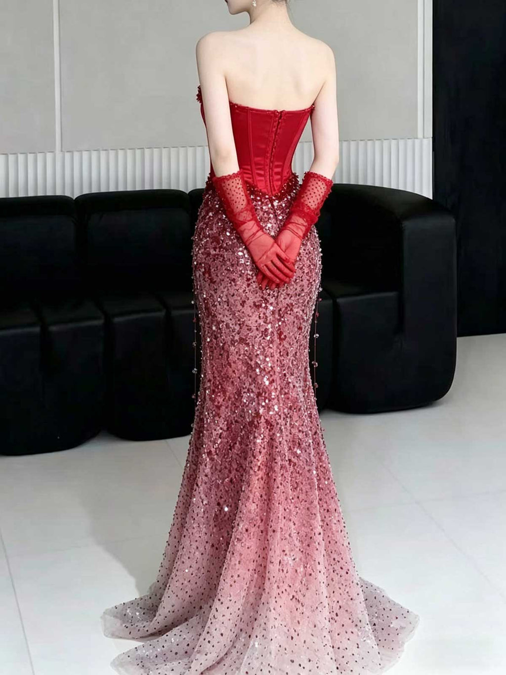 Red Satin Corset Gradient Sequin Strapless Mermaid Evening Gown with Gloves