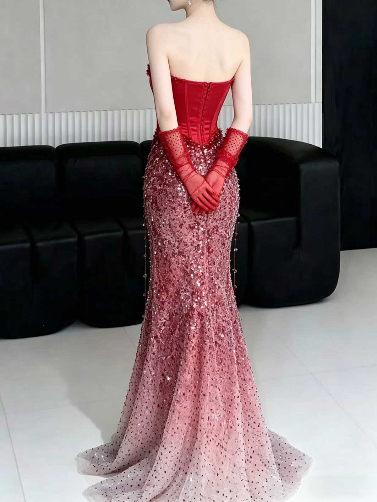 Red Satin Corset Gradient Sequin Strapless Mermaid Evening Gown with Gloves
