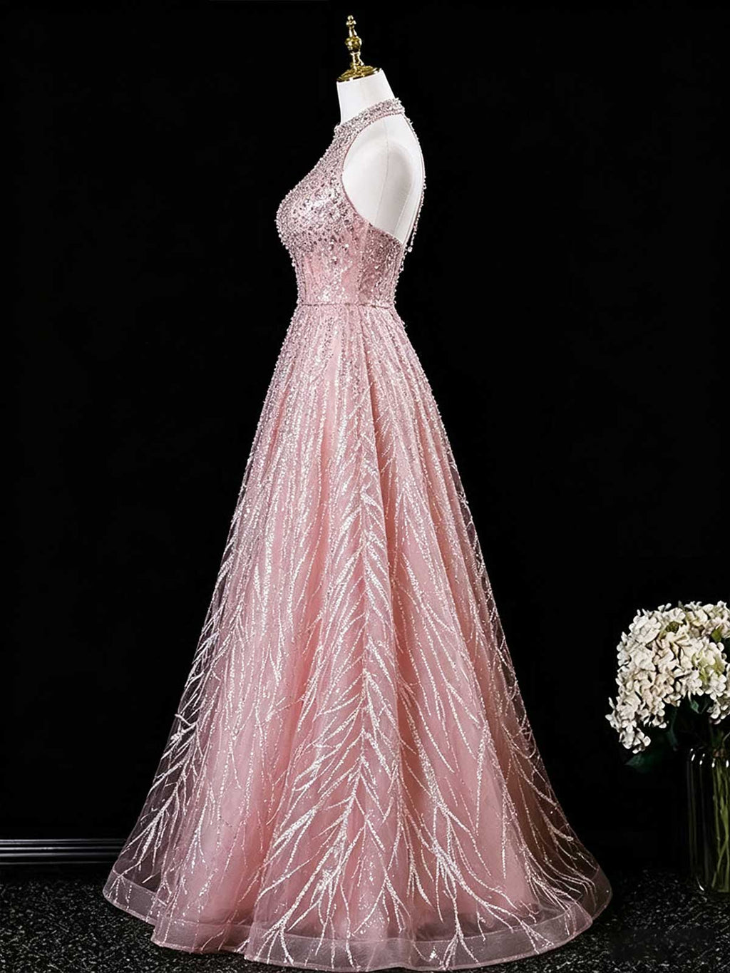 Blush Pink Halter Neck Sequin Evening Gown with Branch Pattern