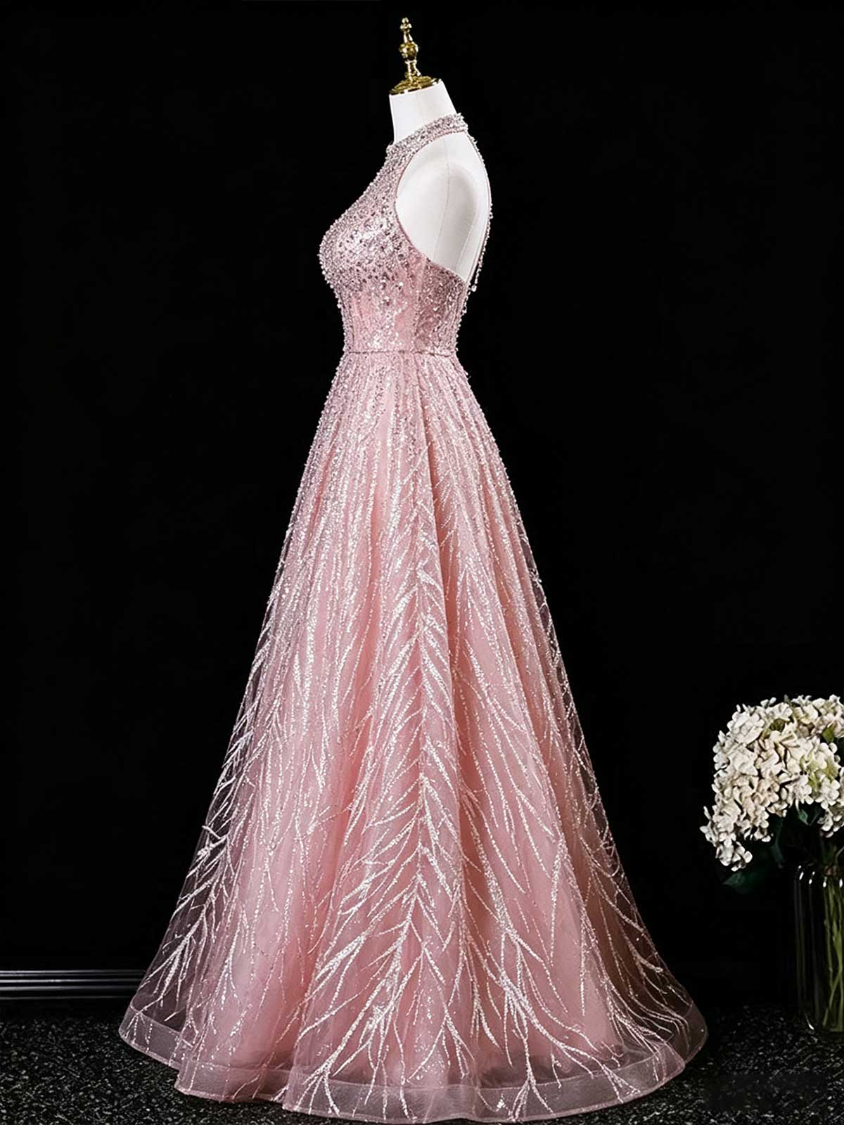 Blush Pink Halter Neck Sequin Evening Gown with Branch Pattern