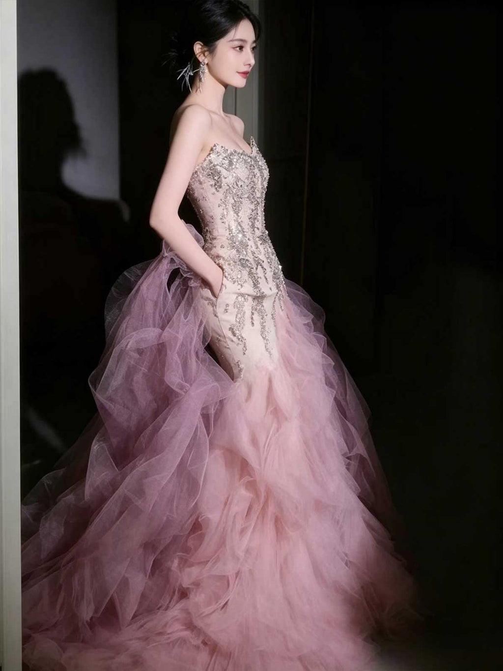 Blush Satin Strapless Butterfly Print Evening Gown