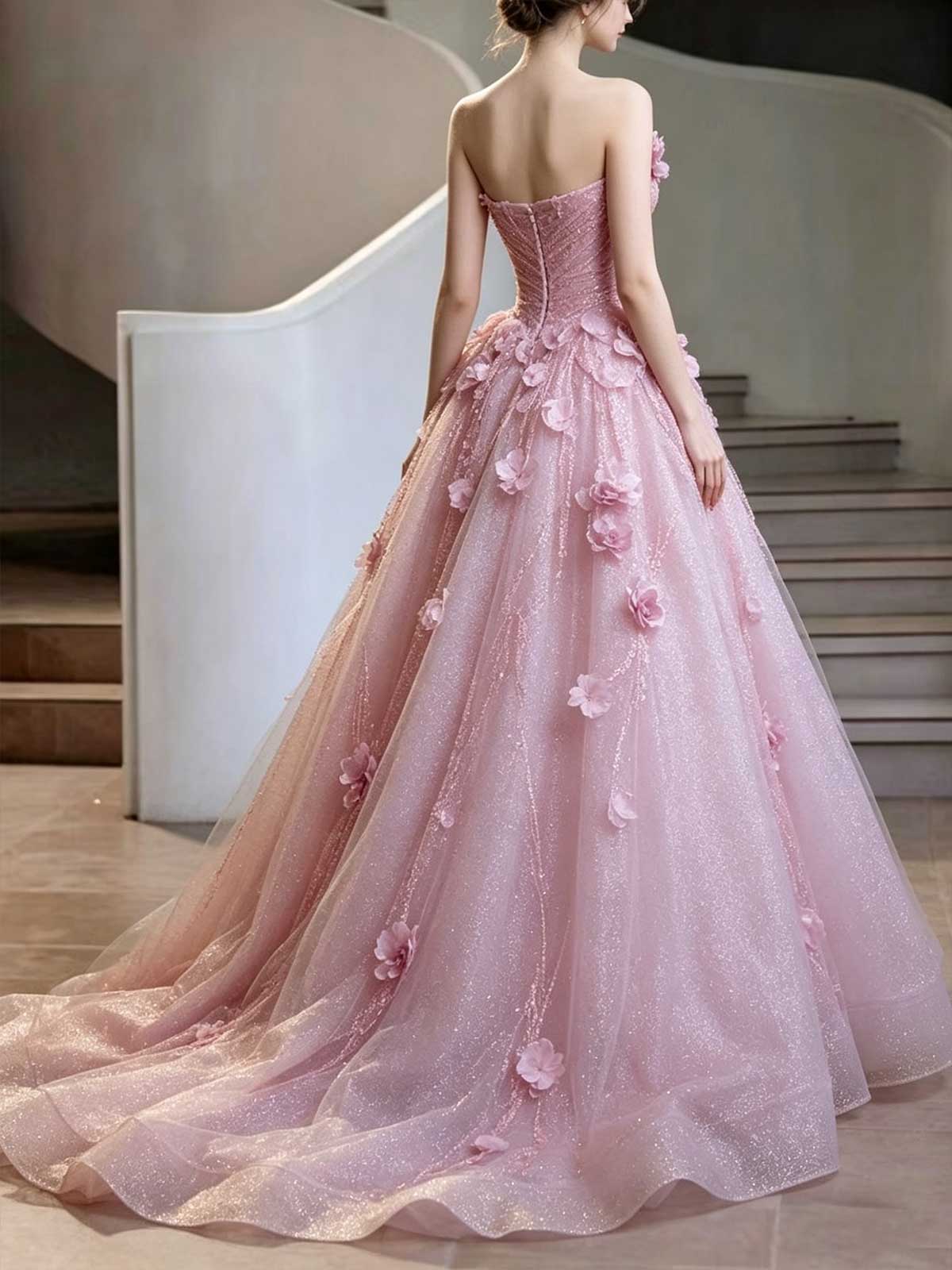Pink Strapless Tulle Ball Gown with 3D Floral Appliqués and Sparkles