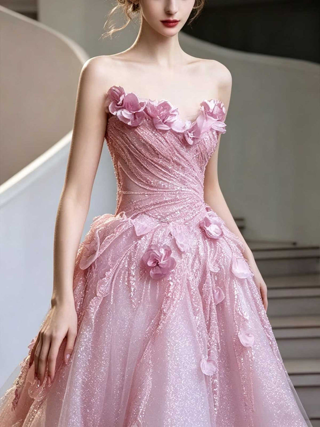 Pink Strapless Tulle Ball Gown with 3D Floral Appliqués and Sparkles