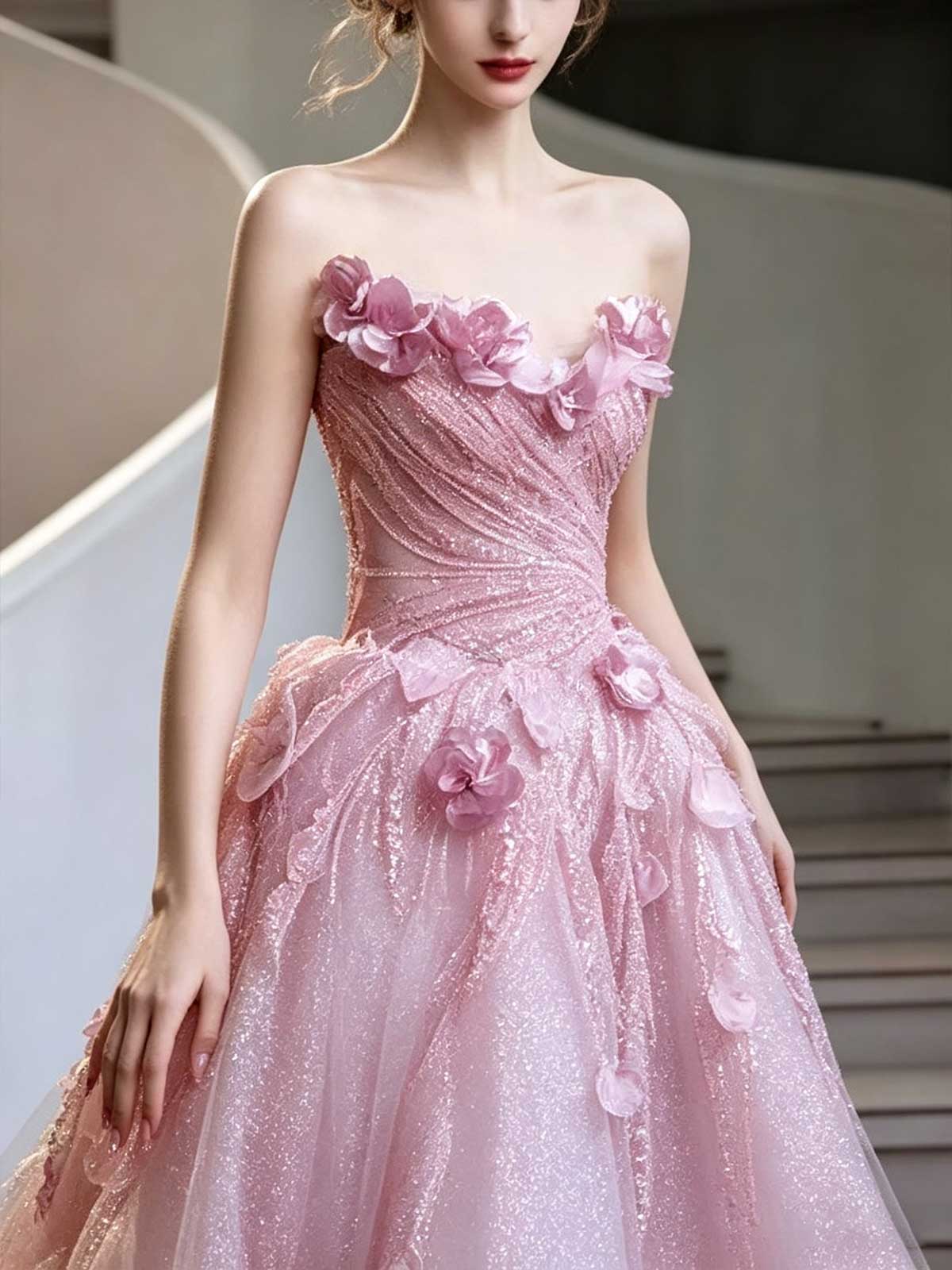Pink Strapless Tulle Ball Gown with 3D Floral Appliqués and Sparkles
