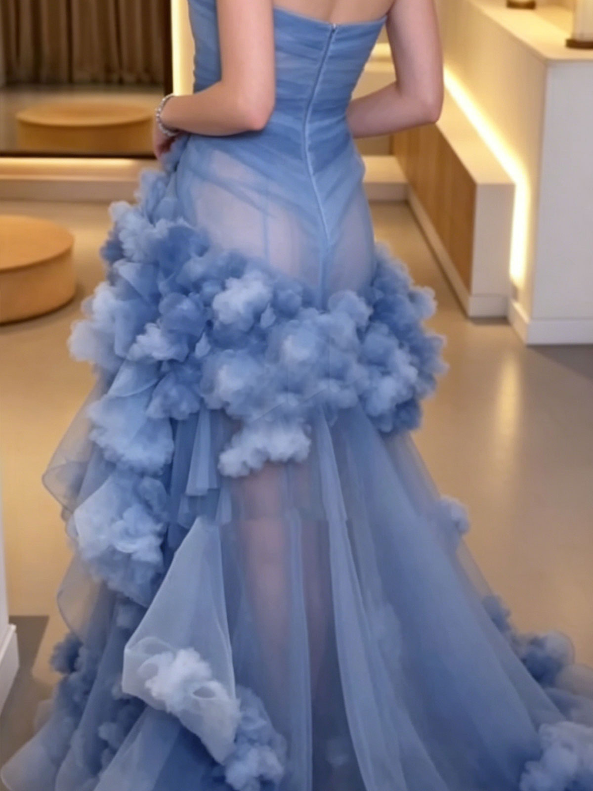 Strapless Blue Ruffle Tulle High Slit Mermaid Evening Gown