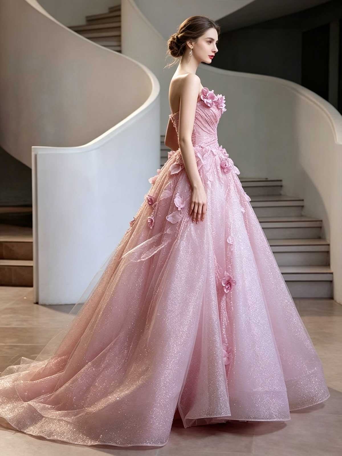 Pink Strapless Tulle Ball Gown with 3D Floral Appliqués and Sparkles