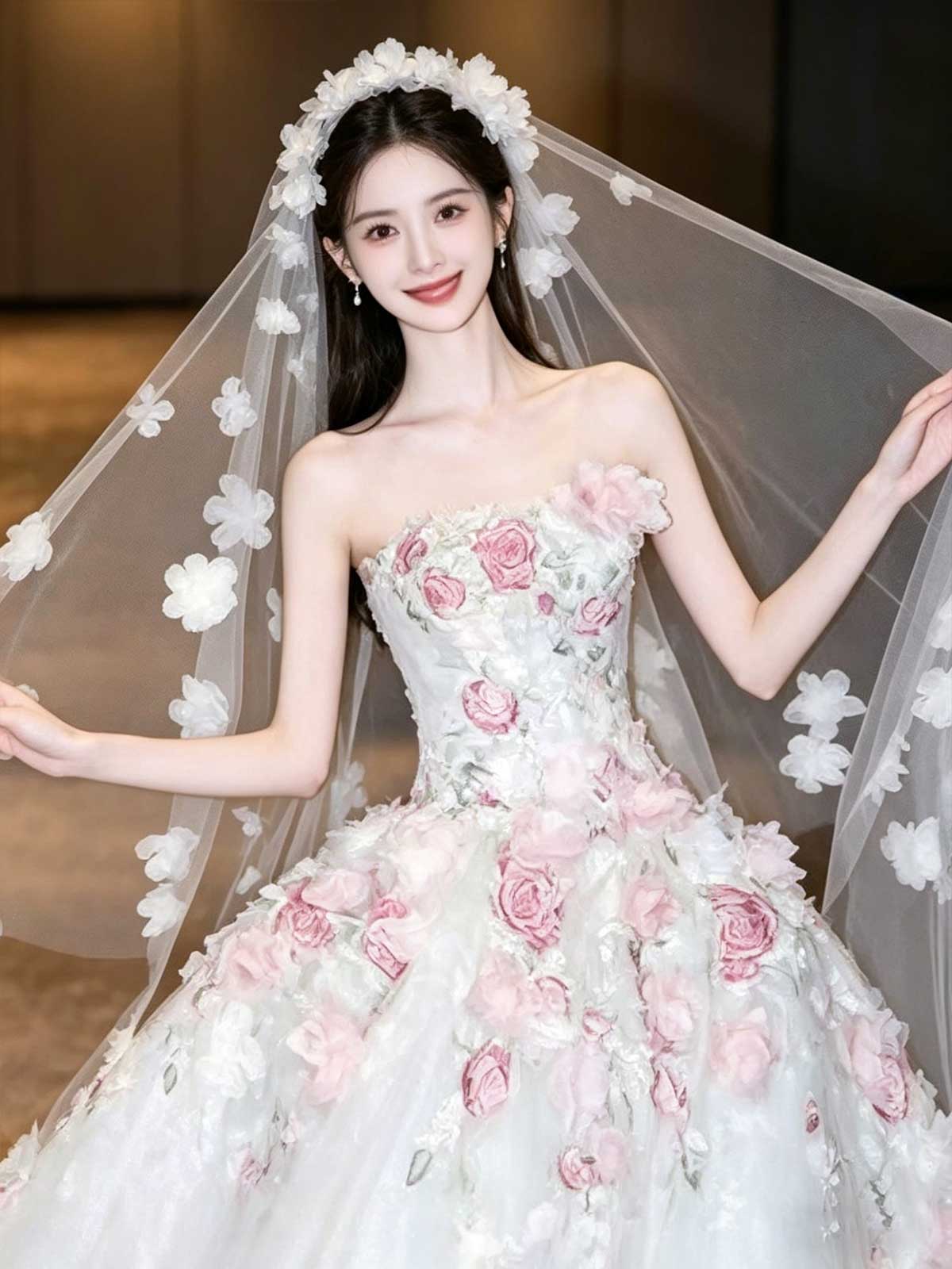 White Strapless Ball Gown Wedding Dress with 3D Floral Appliqués