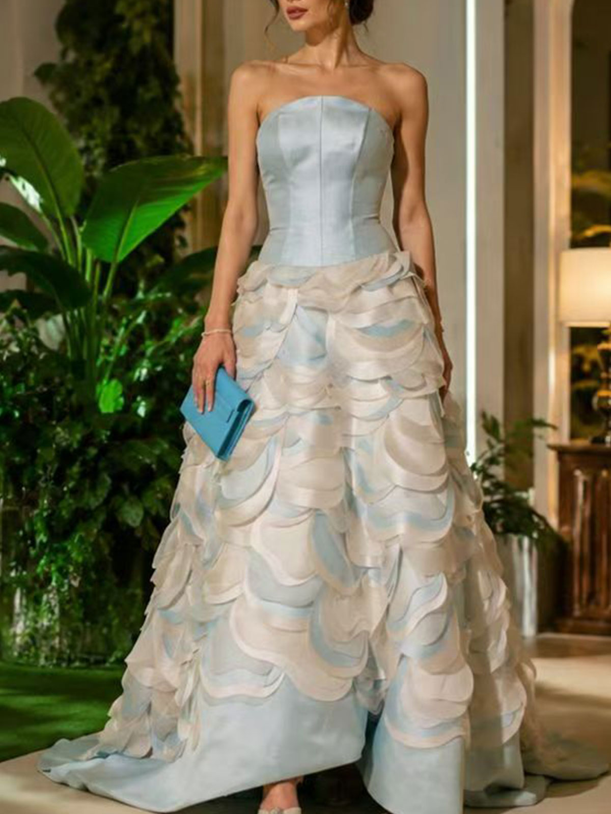 Strapless Light Blue Layer Petal Satin A-Line Evening Ball Gown