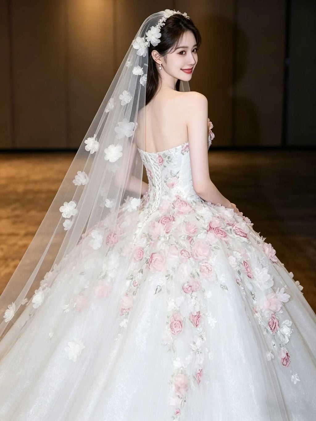 White Strapless Ball Gown Wedding Dress with 3D Floral Appliqués
