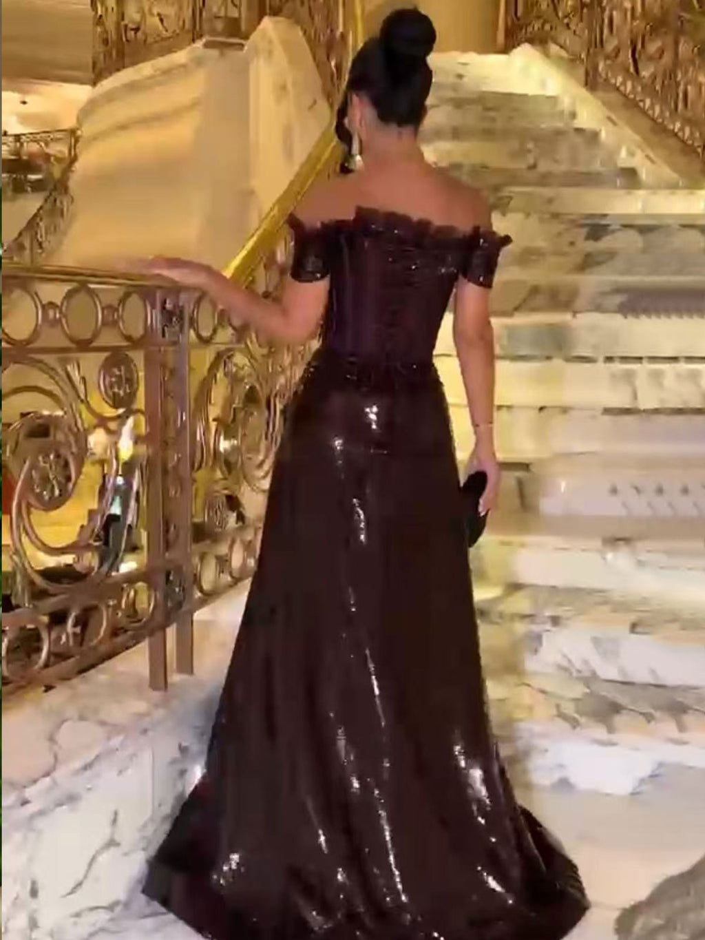 Off Shoulder Dark Brown Sequin Corset Mermaid Evening Gown