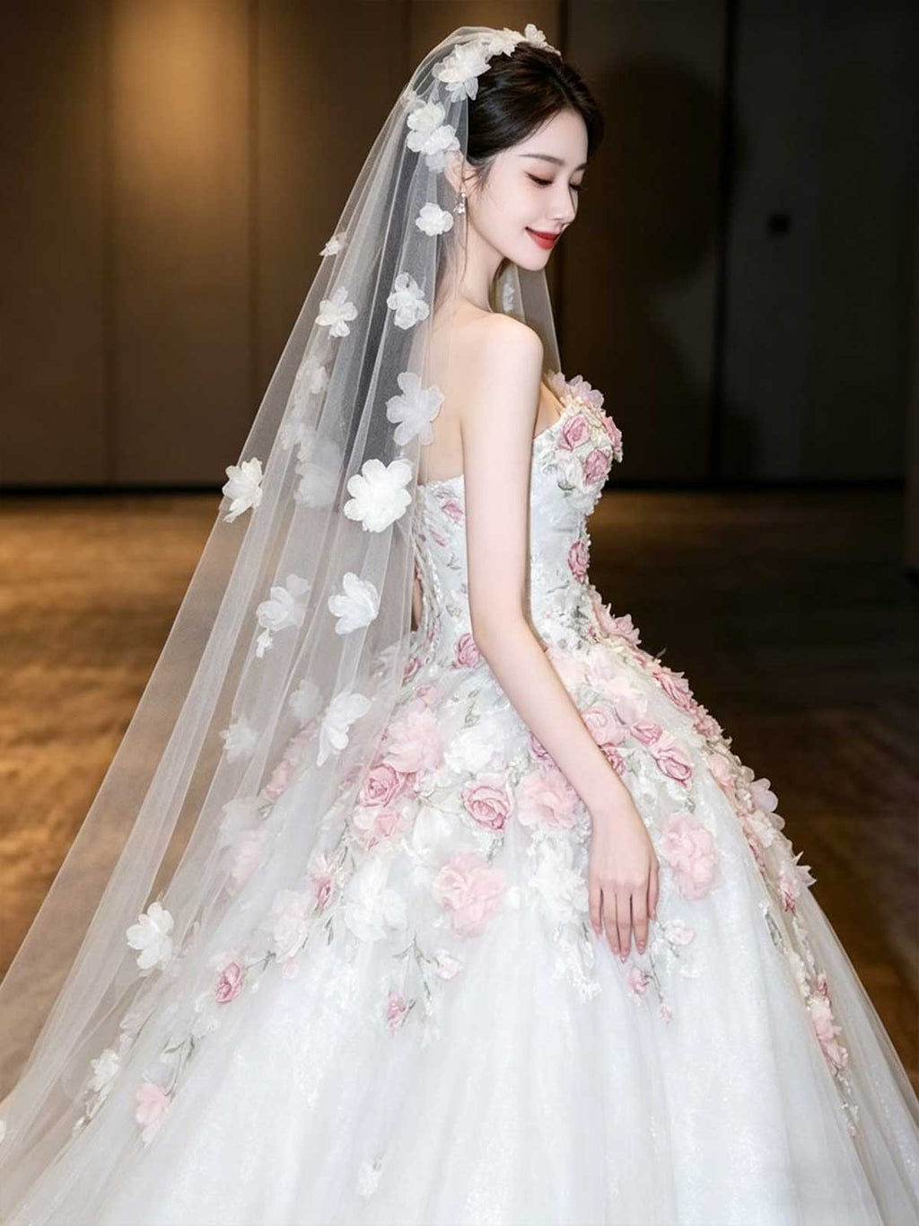 White Strapless Ball Gown Wedding Dress with 3D Floral Appliqués