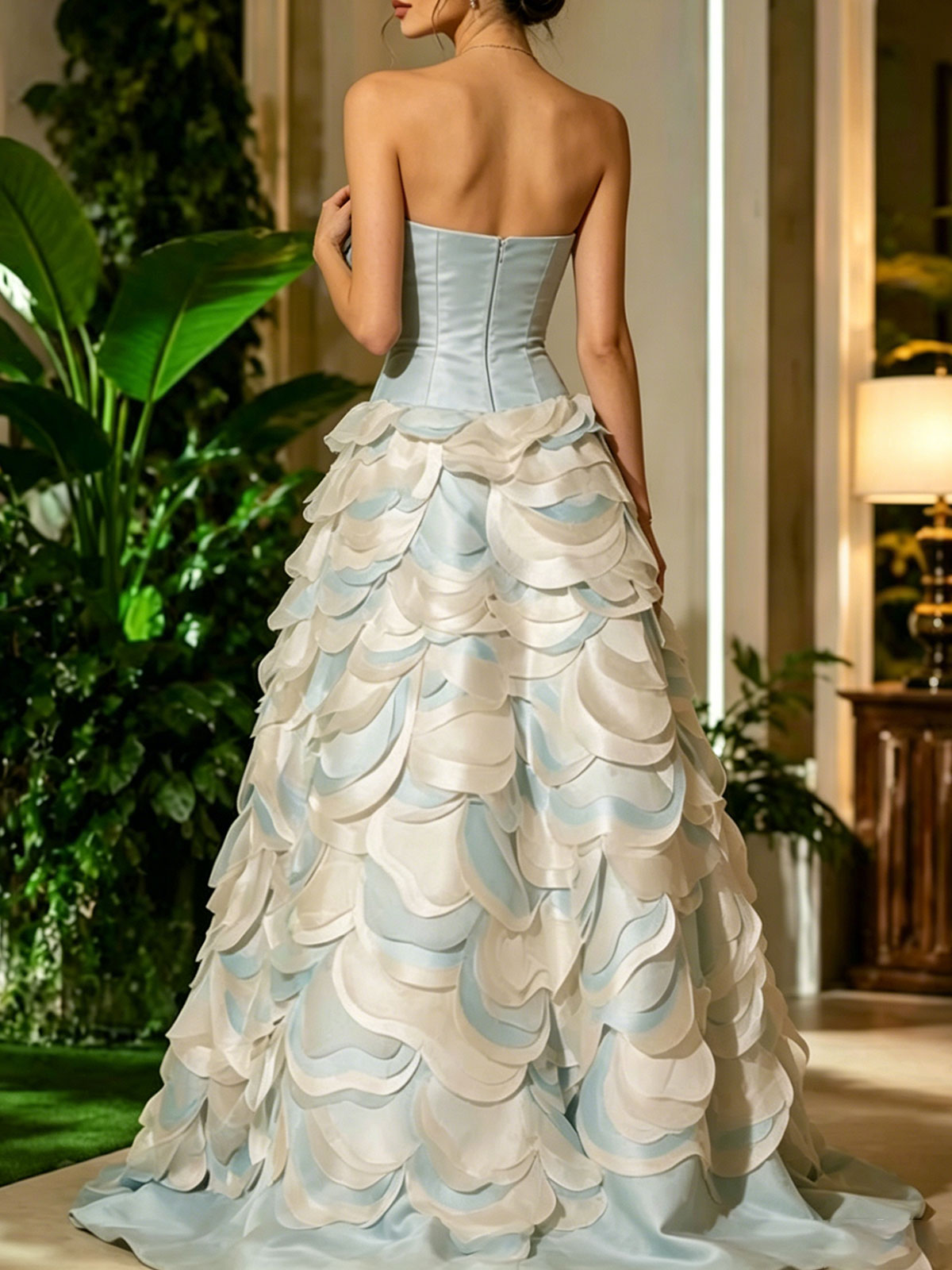 Strapless Light Blue Layer Petal Satin A-Line Evening Ball Gown