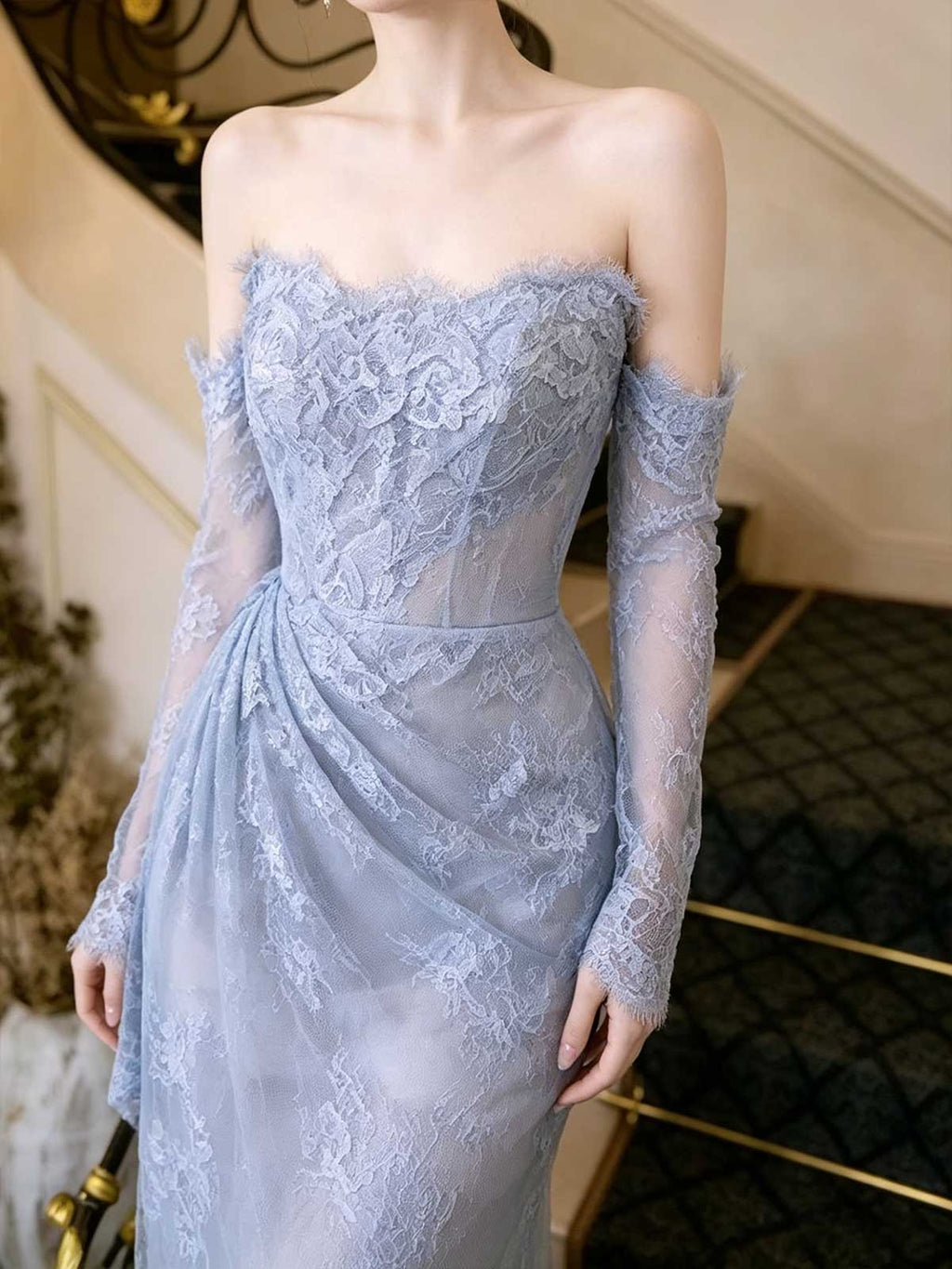Dusty Blue Strapless Lace Mermaid Evening Gown with Detachable Sleeves