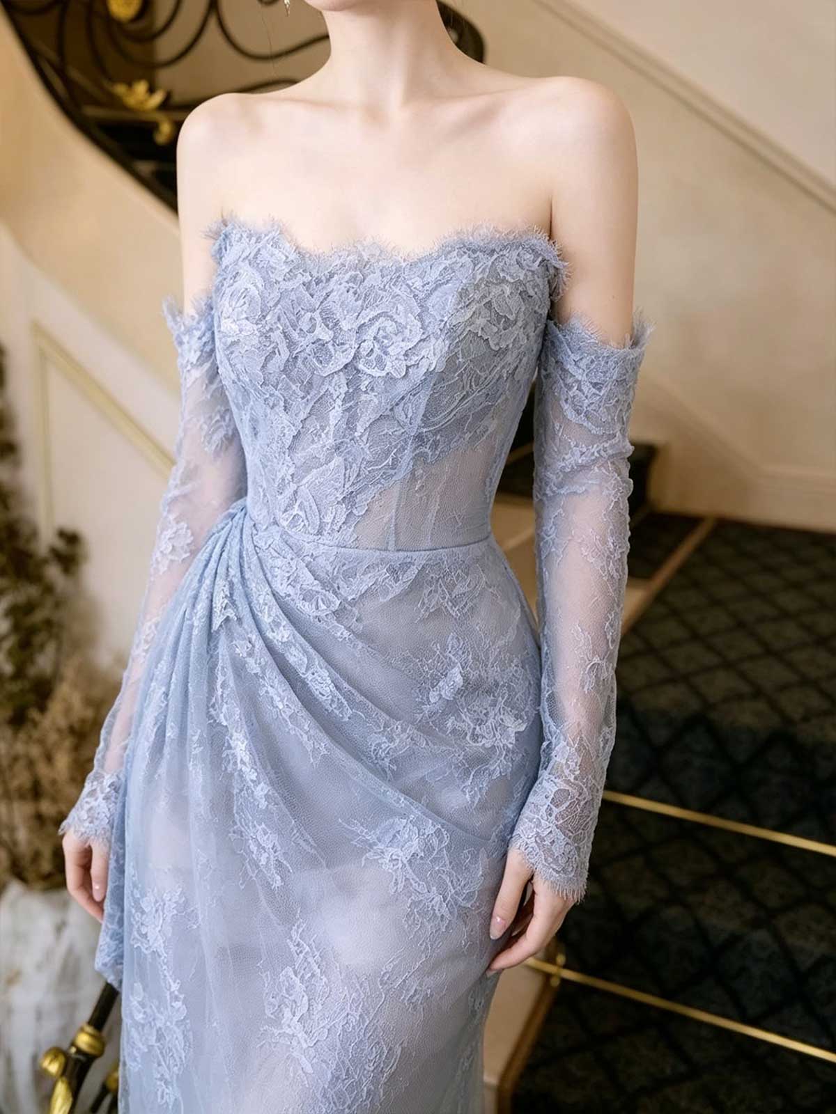 Dusty Blue Strapless Lace Mermaid Evening Gown with Detachable Sleeves