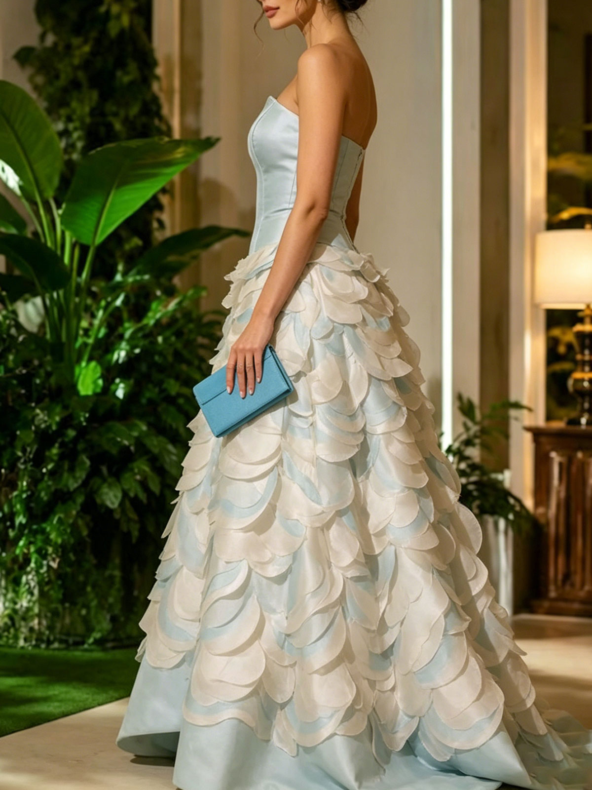Strapless Light Blue Layer Petal Satin A-Line Evening Ball Gown