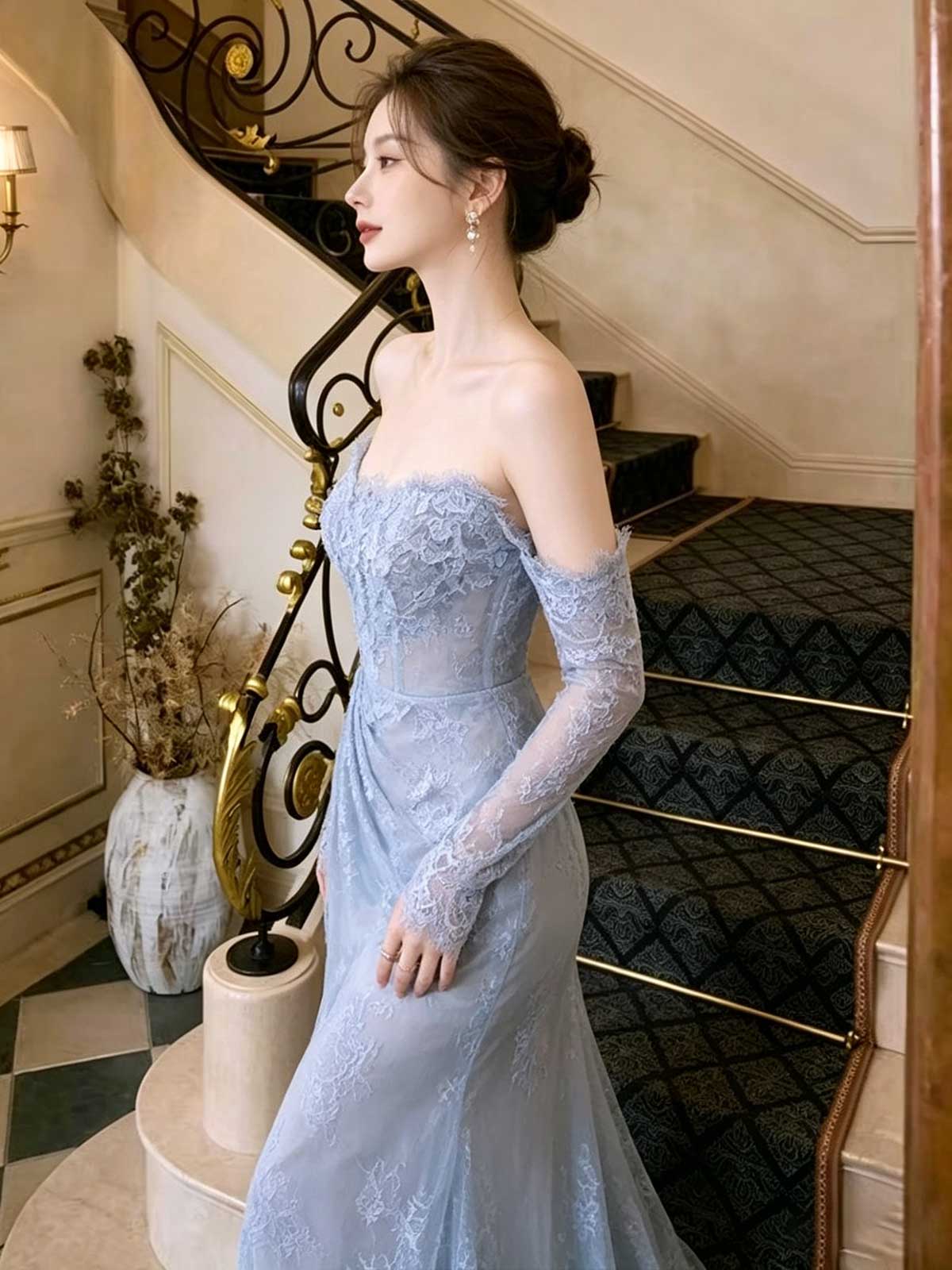 Dusty Blue Strapless Lace Mermaid Evening Gown with Detachable Sleeves