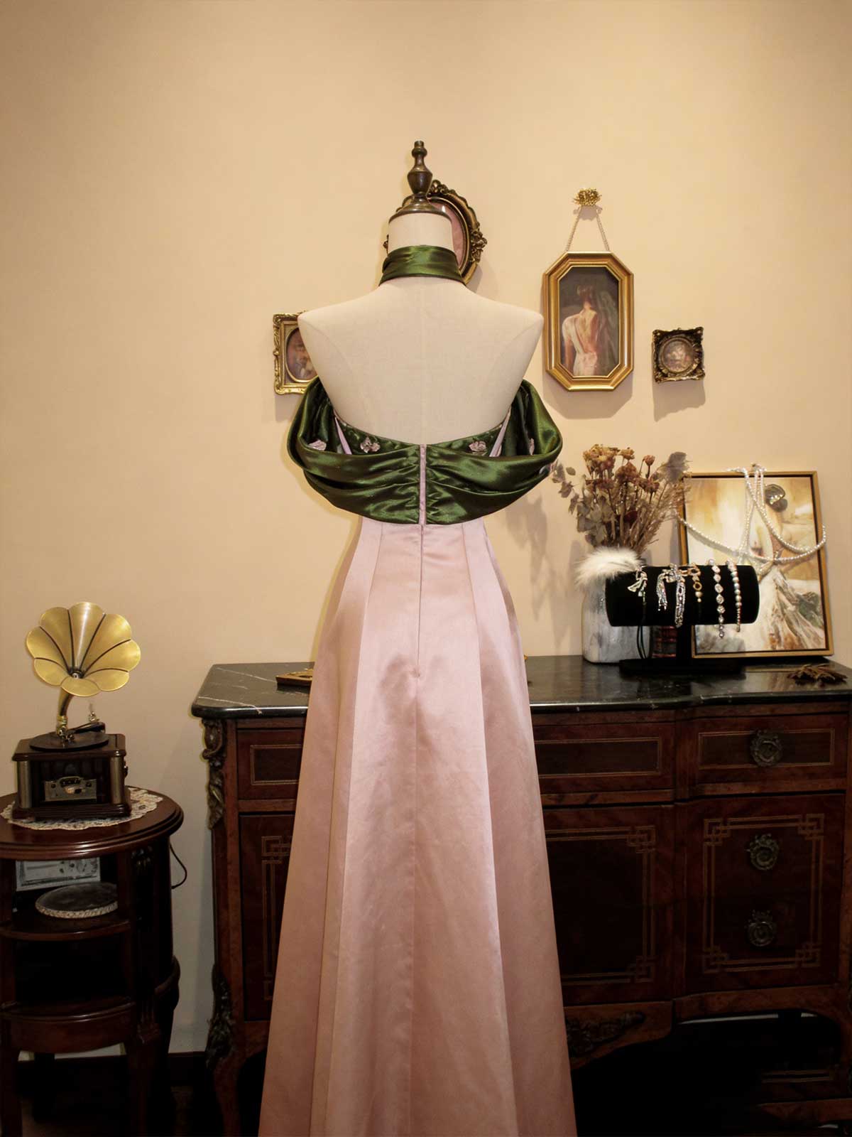 Vintage Pink Satin Gown with Green Rose Off-Shoulder Detail