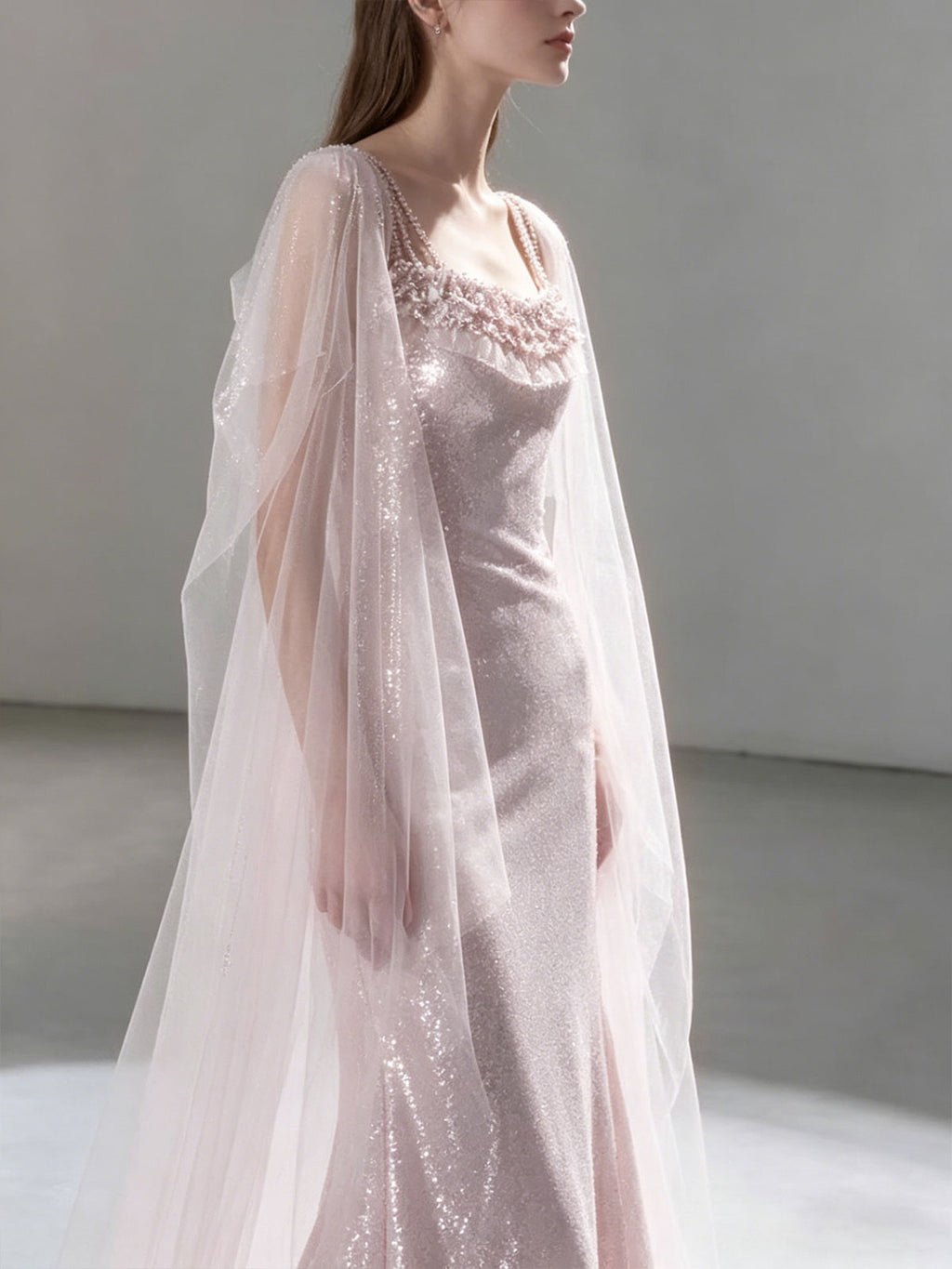 Blush Pink Square Neck Beaded Cape Sleeve Sequin Mermaid Evening Gown Wedding Dress