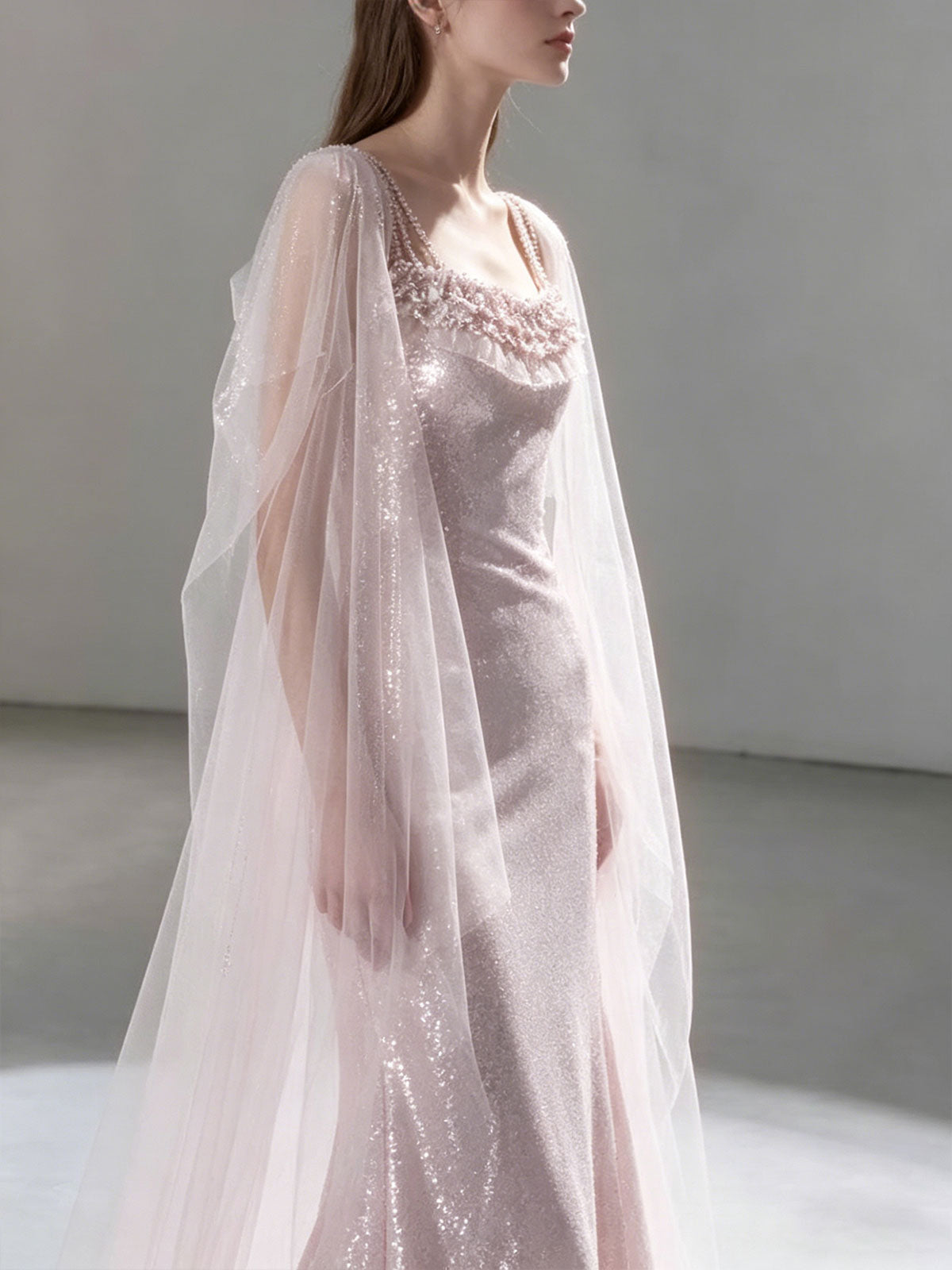 Blush Pink Square Neck Beaded Cape Sleeve Sequin Mermaid Evening Gown Wedding Dress