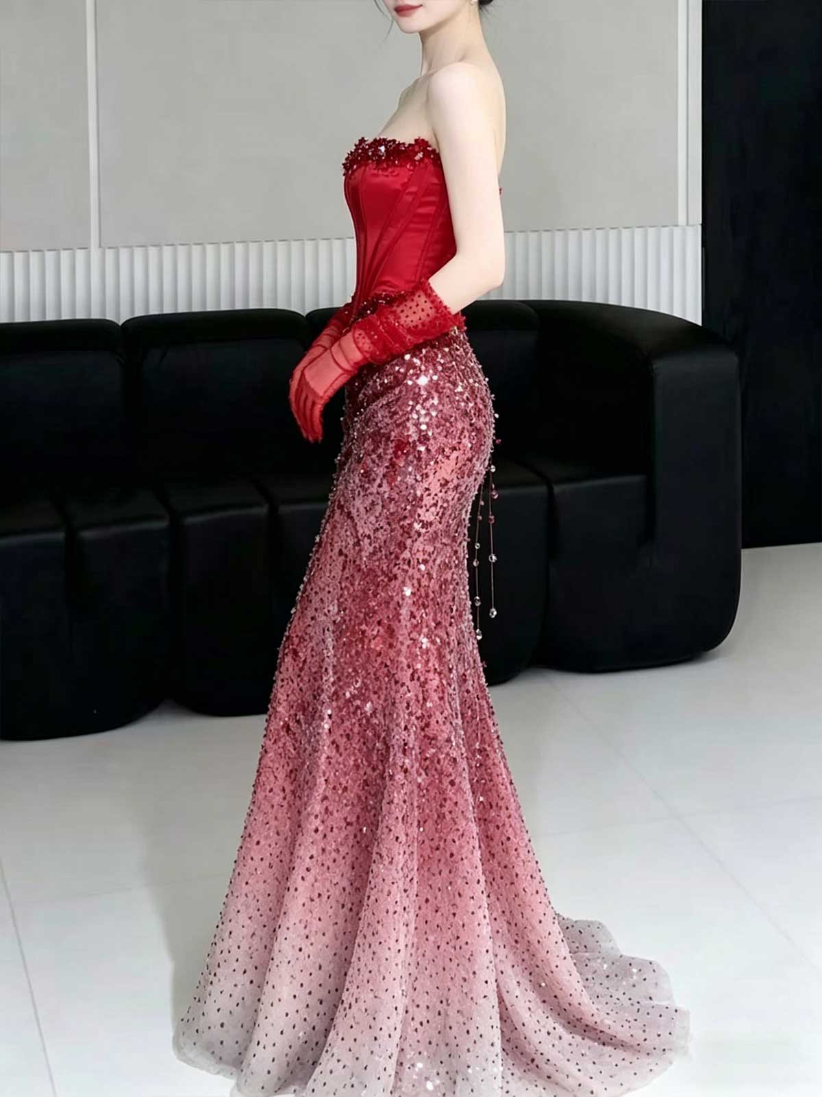 Red Satin Corset Gradient Sequin Strapless Mermaid Evening Gown with Gloves