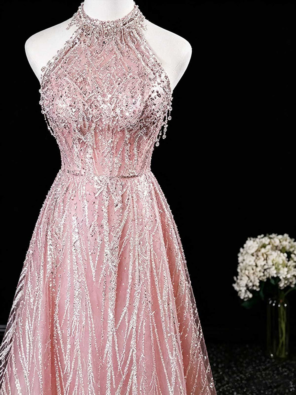 Blush Pink Halter Neck Sequin Evening Gown with Branch Pattern