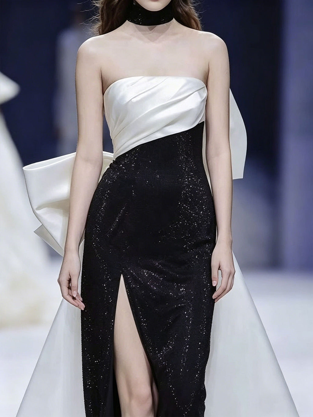 Black & White Strapless Color-Block Evening Gown with Oversized Bow Train