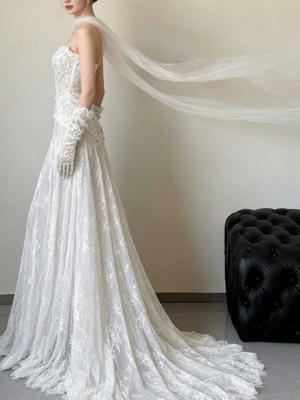 White Strapless Lace A-Line Gown with Scalloped Neckline & Chapel Train