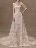 Exquisite Lace Strapless A-line Wedding Gown with Detachable Train