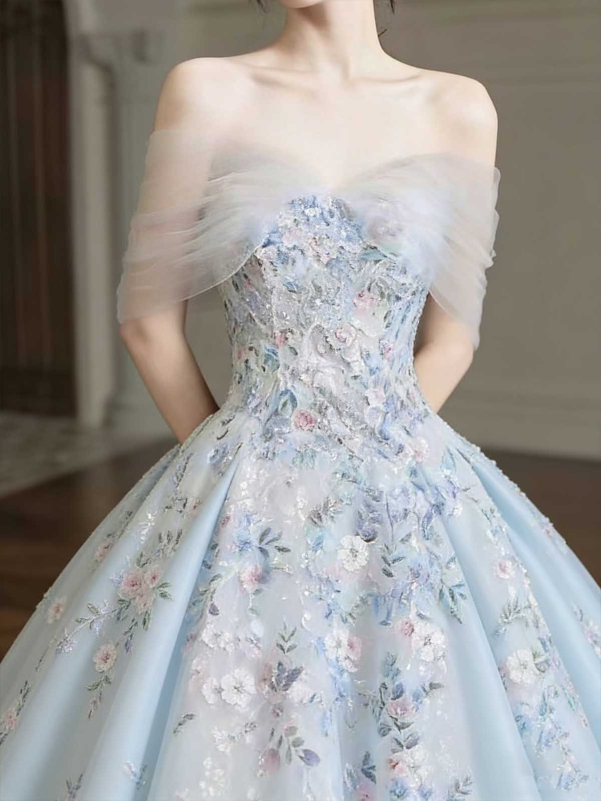 Pastel Blue Pink Floral Sequin Off-the-Shoulder A-Line Evening Gown