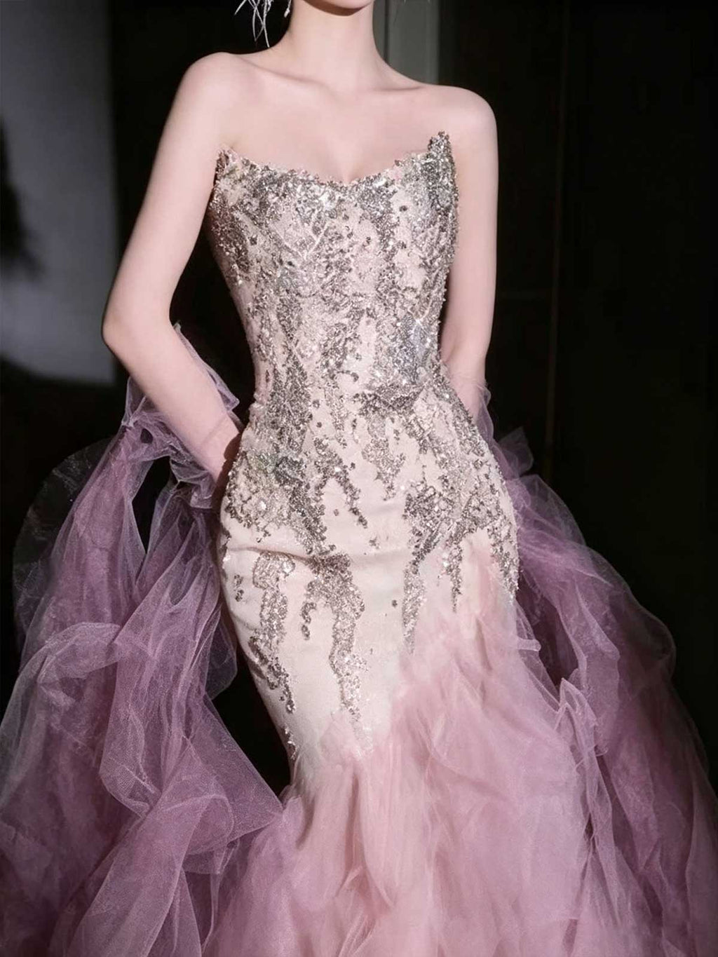 Blush Satin Strapless Butterfly Print Evening Gown