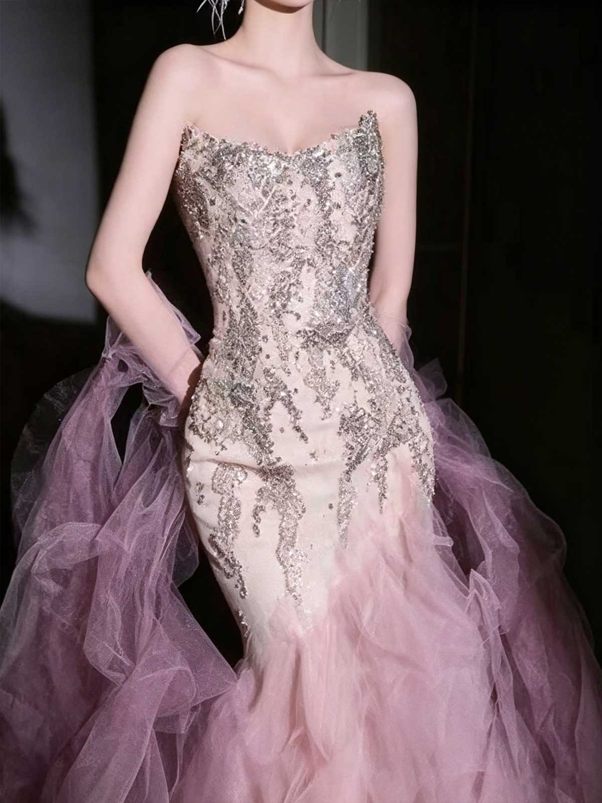 Blush Satin Strapless Butterfly Print Evening Gown