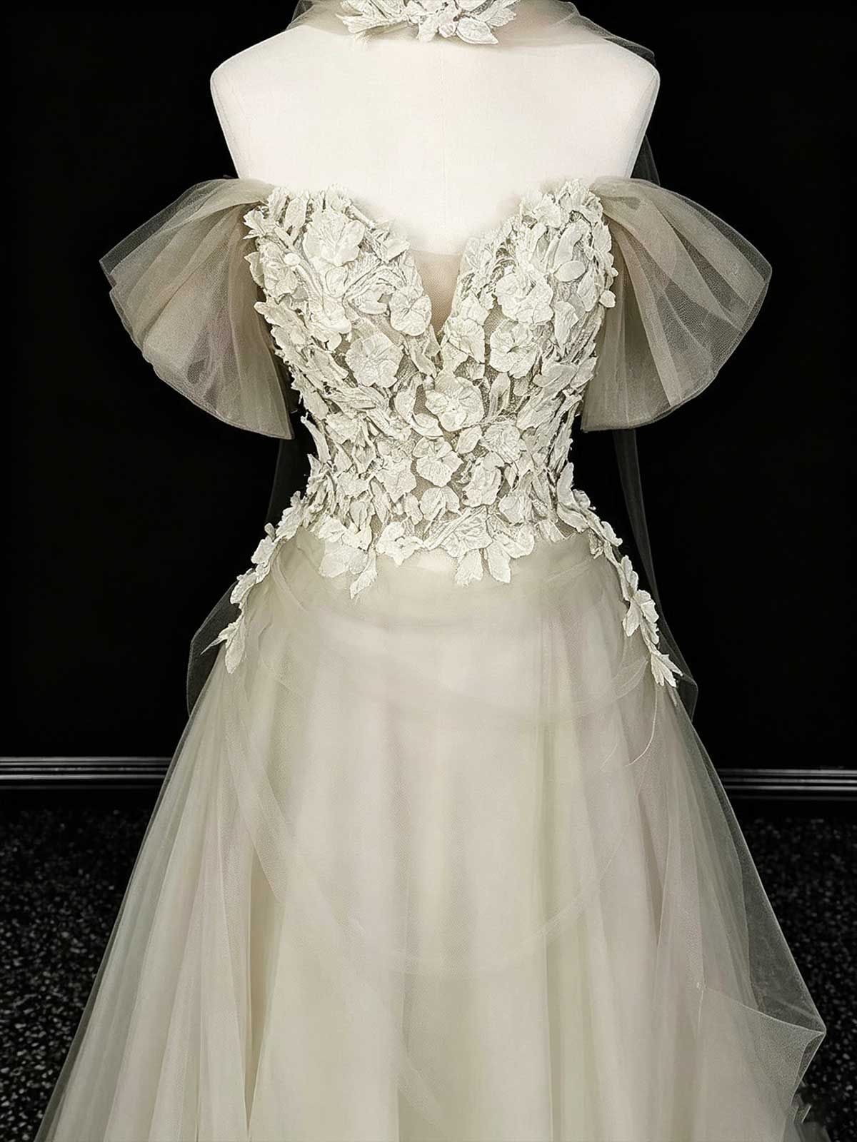 Ivory 3D Floral Off-the-Shoulder Tulle A-Line Wedding Dress with Neckpiece