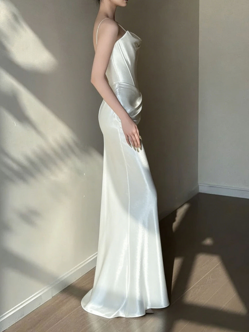 Luminous White Satin Cowl Neck Mermaid Wedding Dress