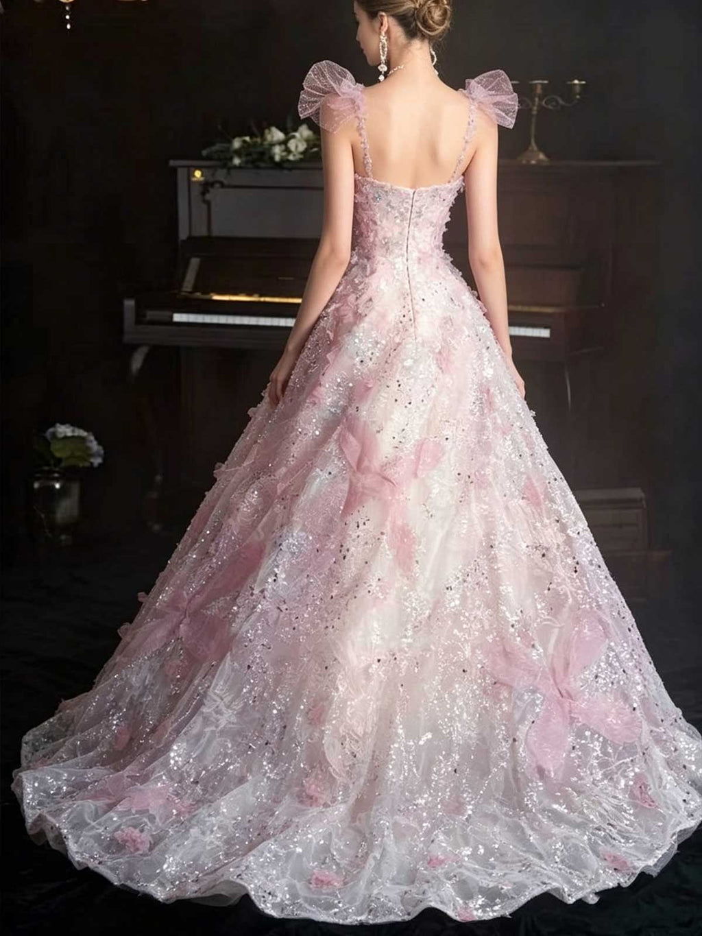 Blush Pink Spaghetti Strap Tulle Ball Gown with 3D Floral Appliqués