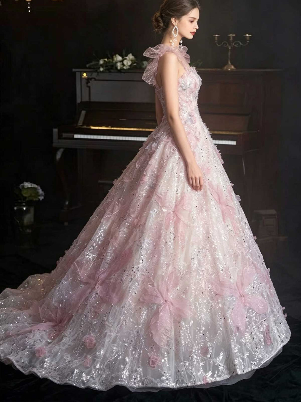 Blush Pink Spaghetti Strap Tulle Ball Gown with 3D Floral Appliqués