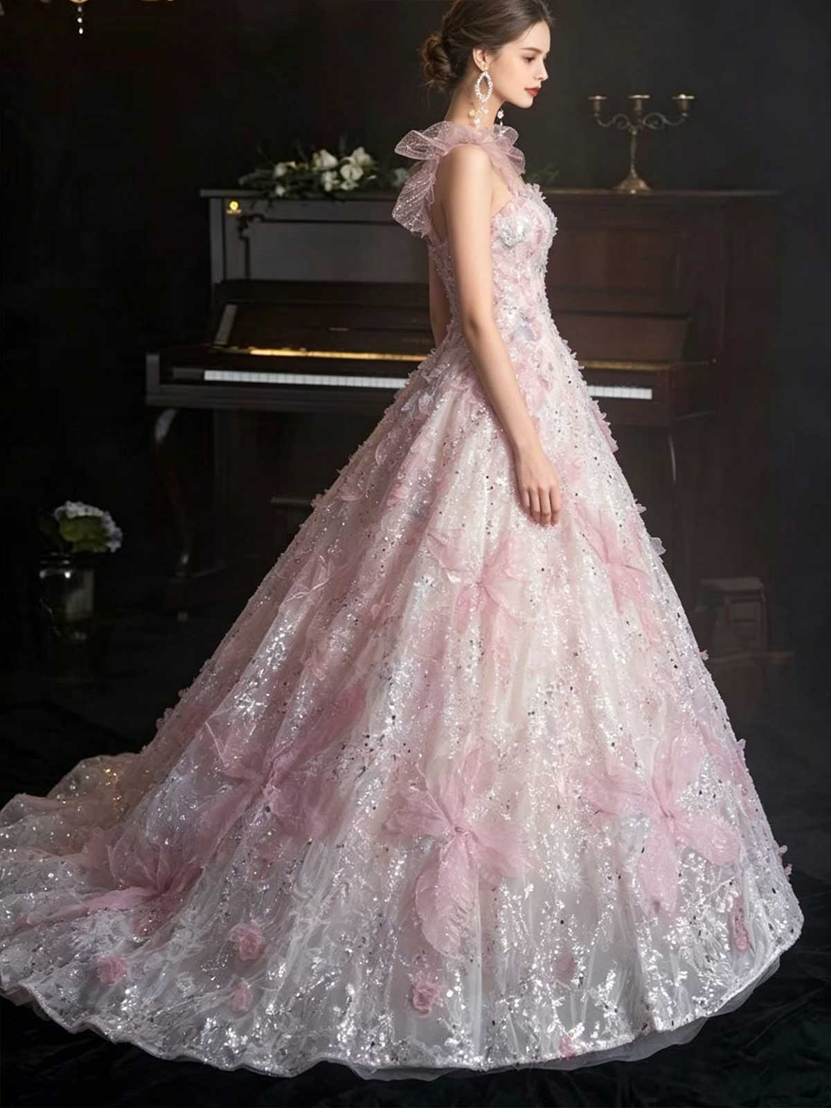 Blush Pink Spaghetti Strap Tulle Ball Gown with 3D Floral Appliqués