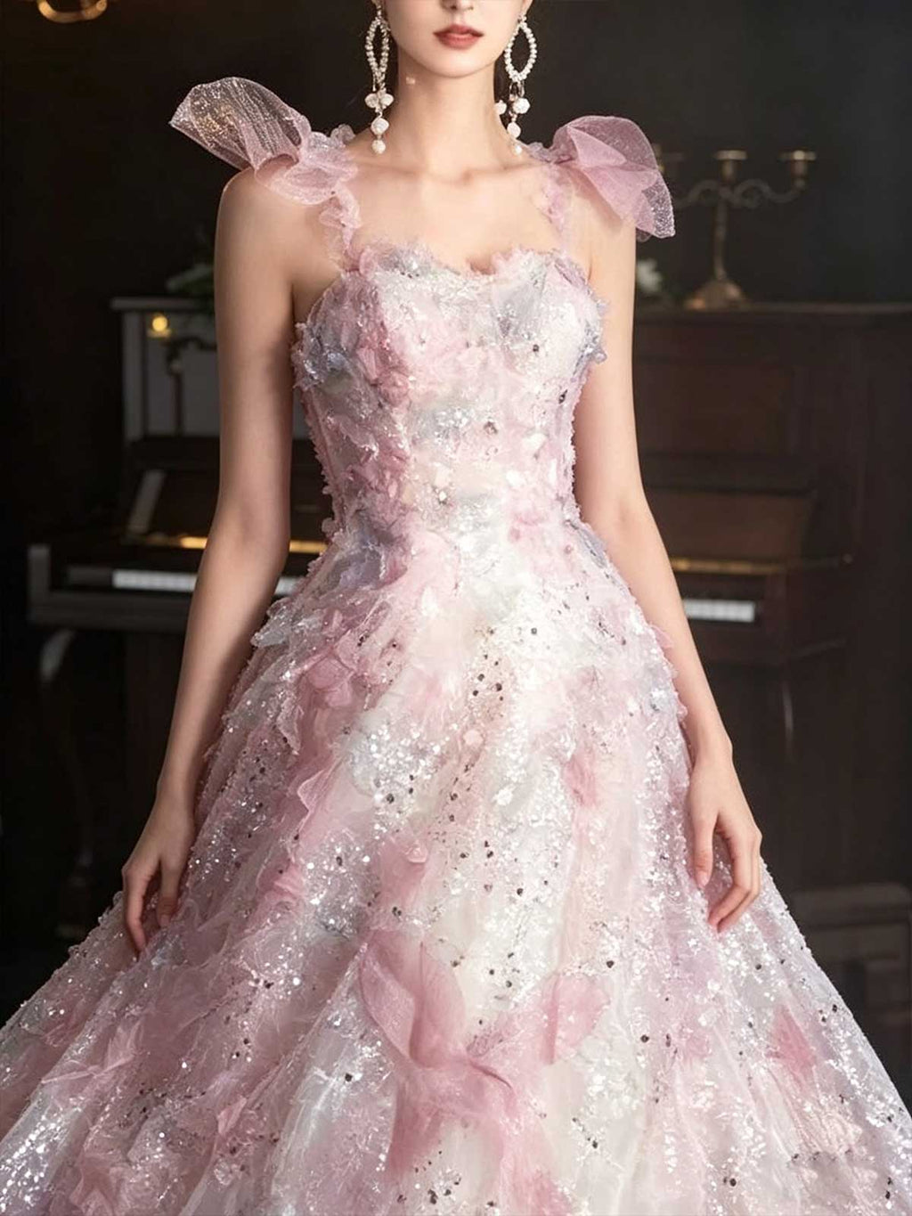Blush Pink Spaghetti Strap Tulle Ball Gown with 3D Floral Appliqués