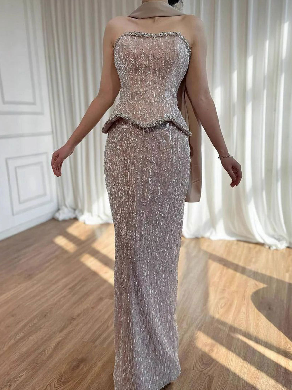 Halter Cutout Nude Beaded Mermaid Sparkle Formal Evening Gown