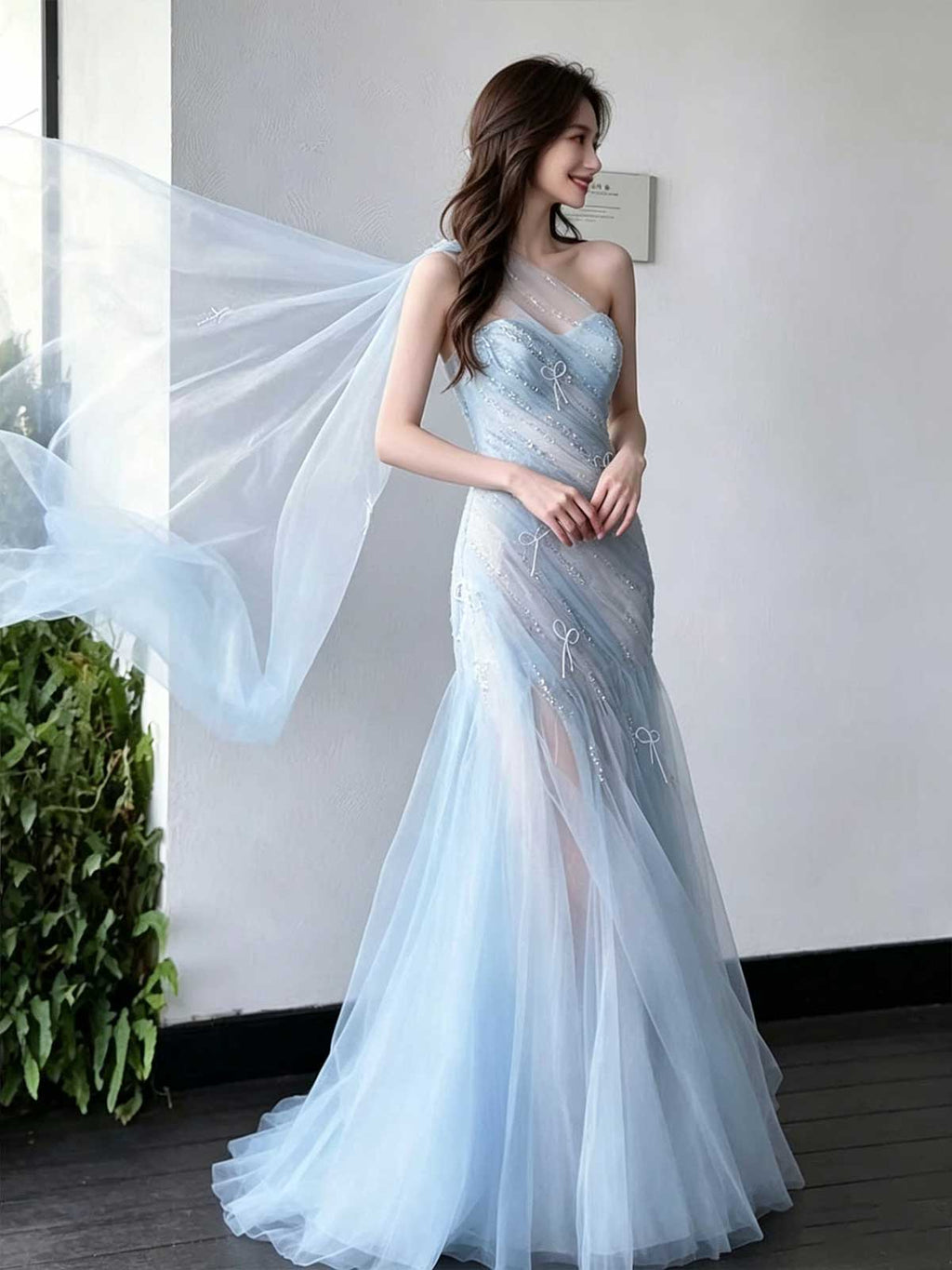 Ice Blue One-Shoulder Tulle Mermaid Evening Gown with Bow Appliqués