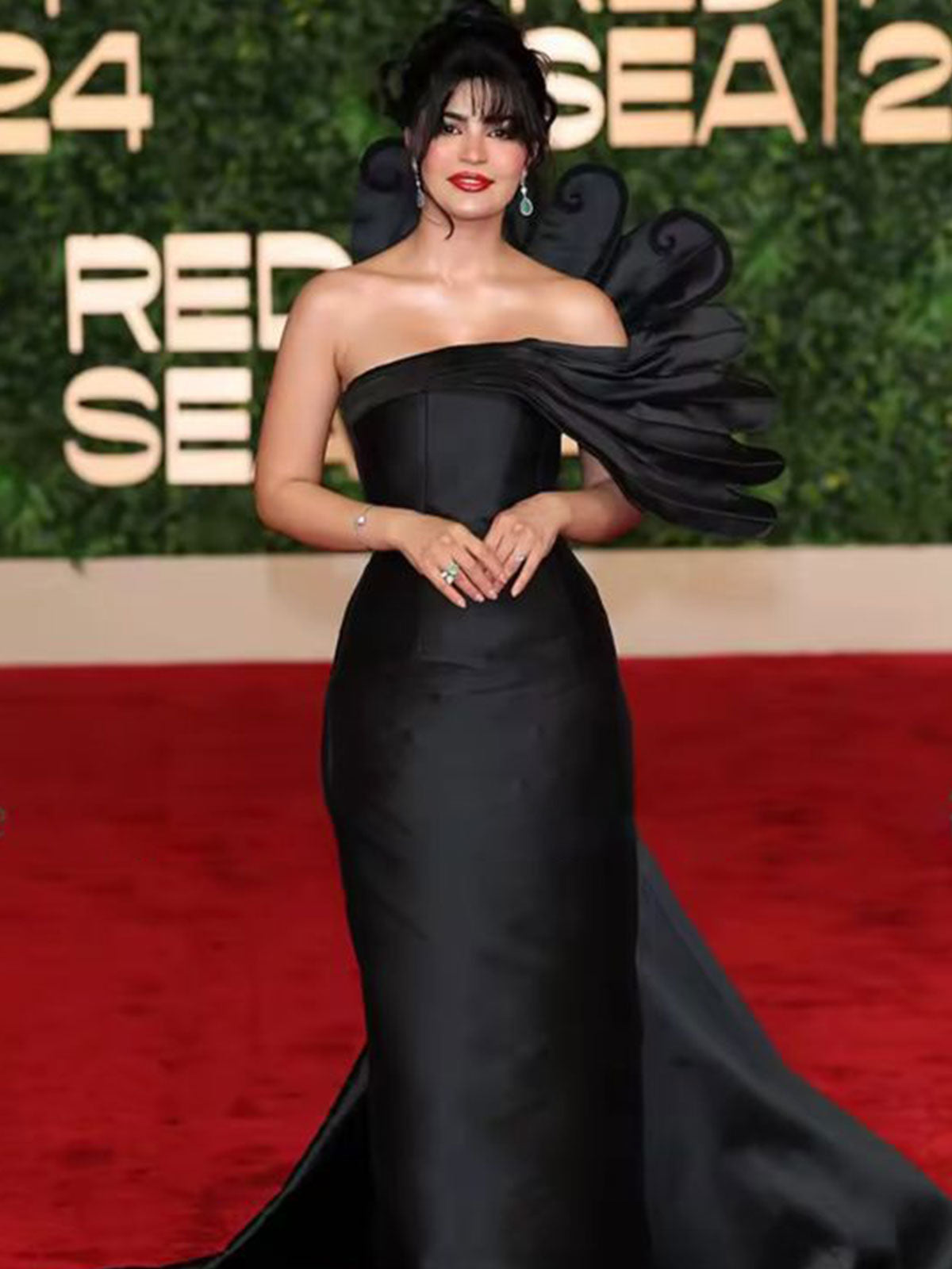 Off Shoulder Black Petal Satin Mermaid Train Evening Gown