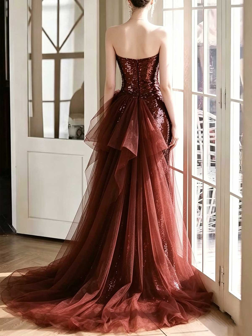 Burgundy Strapless Sequin Mermaid Evening Gown with Tulle Train