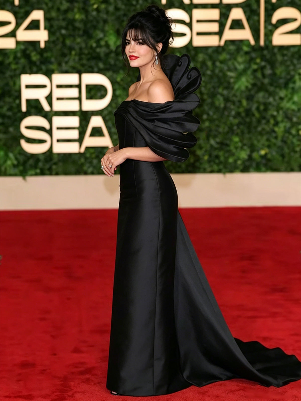 Off Shoulder Black Petal Satin Mermaid Train Evening Gown