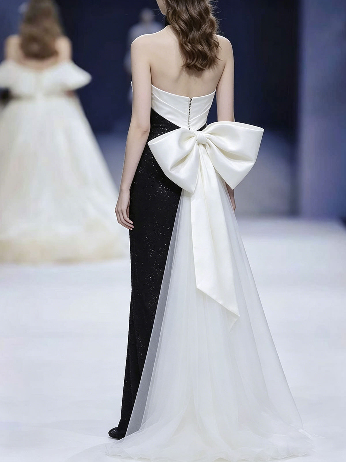 Black & White Strapless Color-Block Evening Gown with Oversized Bow Train