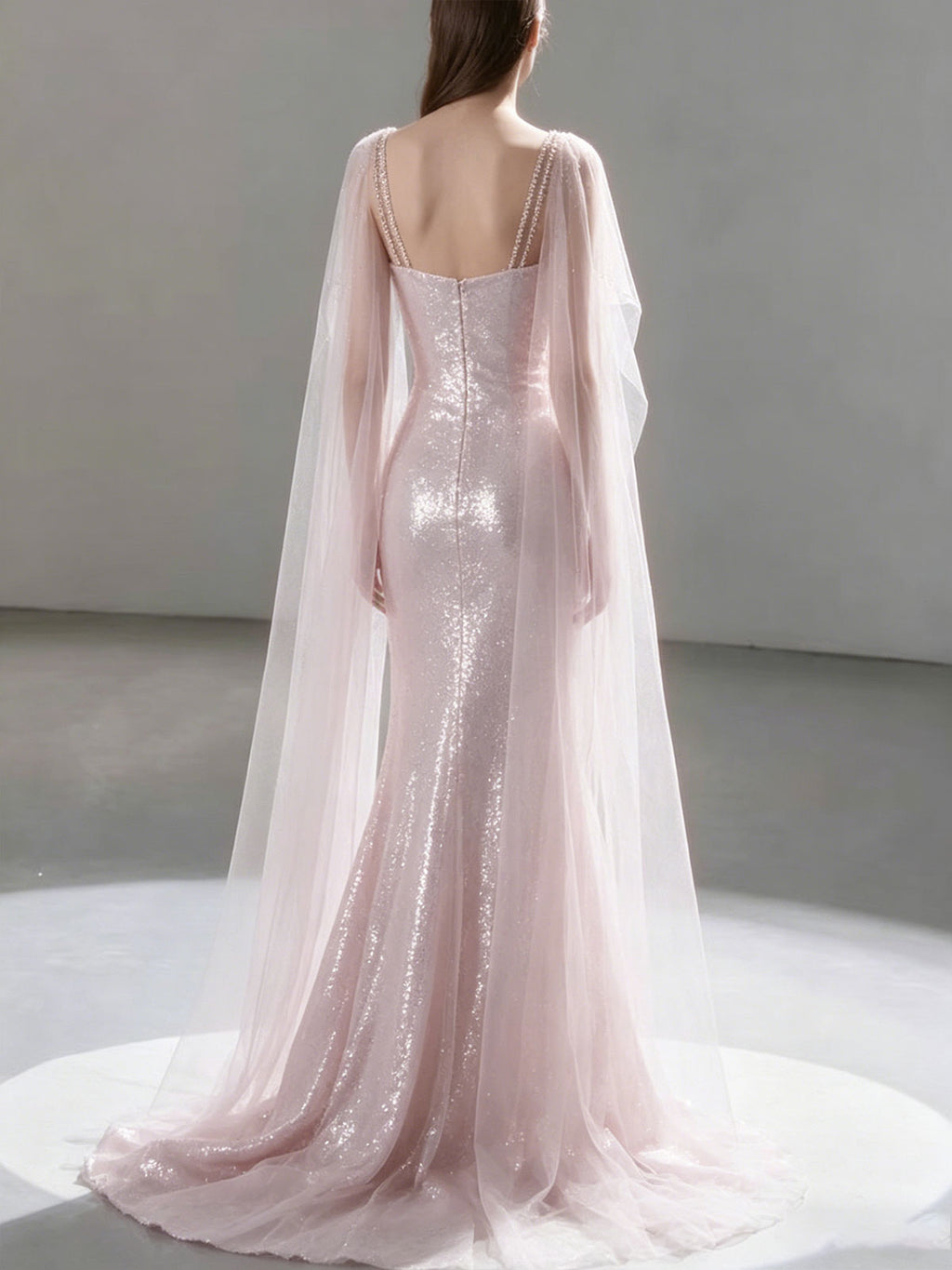 Blush Pink Square Neck Beaded Cape Sleeve Sequin Mermaid Evening Gown Wedding Dress