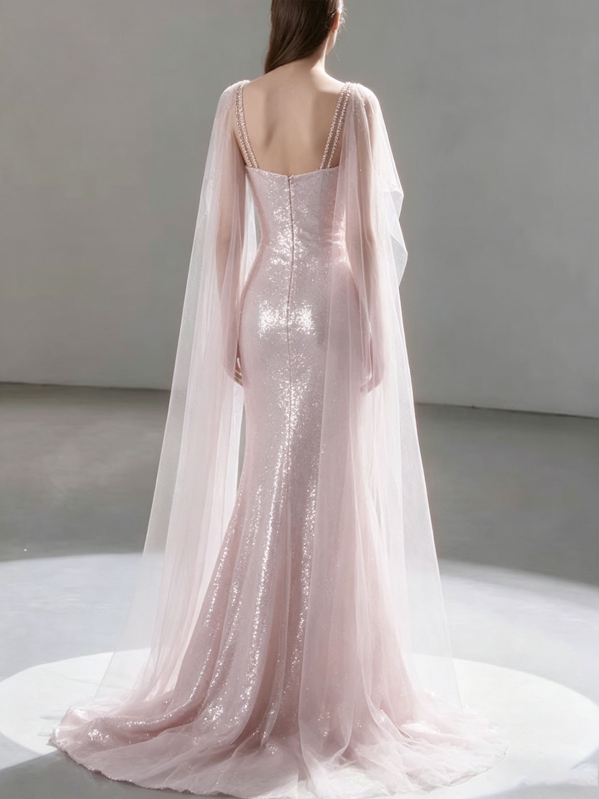Blush Pink Square Neck Beaded Cape Sleeve Sequin Mermaid Evening Gown Wedding Dress