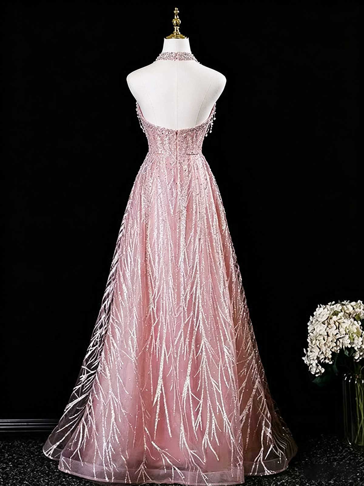 Blush Pink Halter Neck Sequin Evening Gown with Branch Pattern