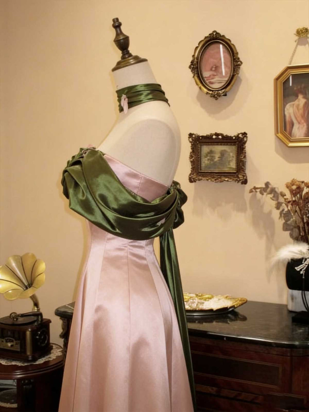 Vintage Pink Satin Gown with Green Rose Off-Shoulder Detail