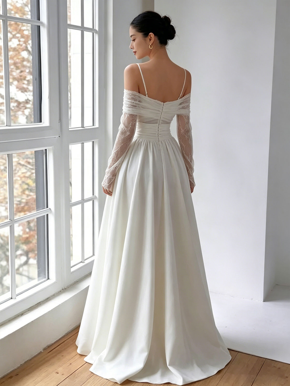 Spaghetti Strap Off Shoulder Mesh Satin A-Line Wedding Gown