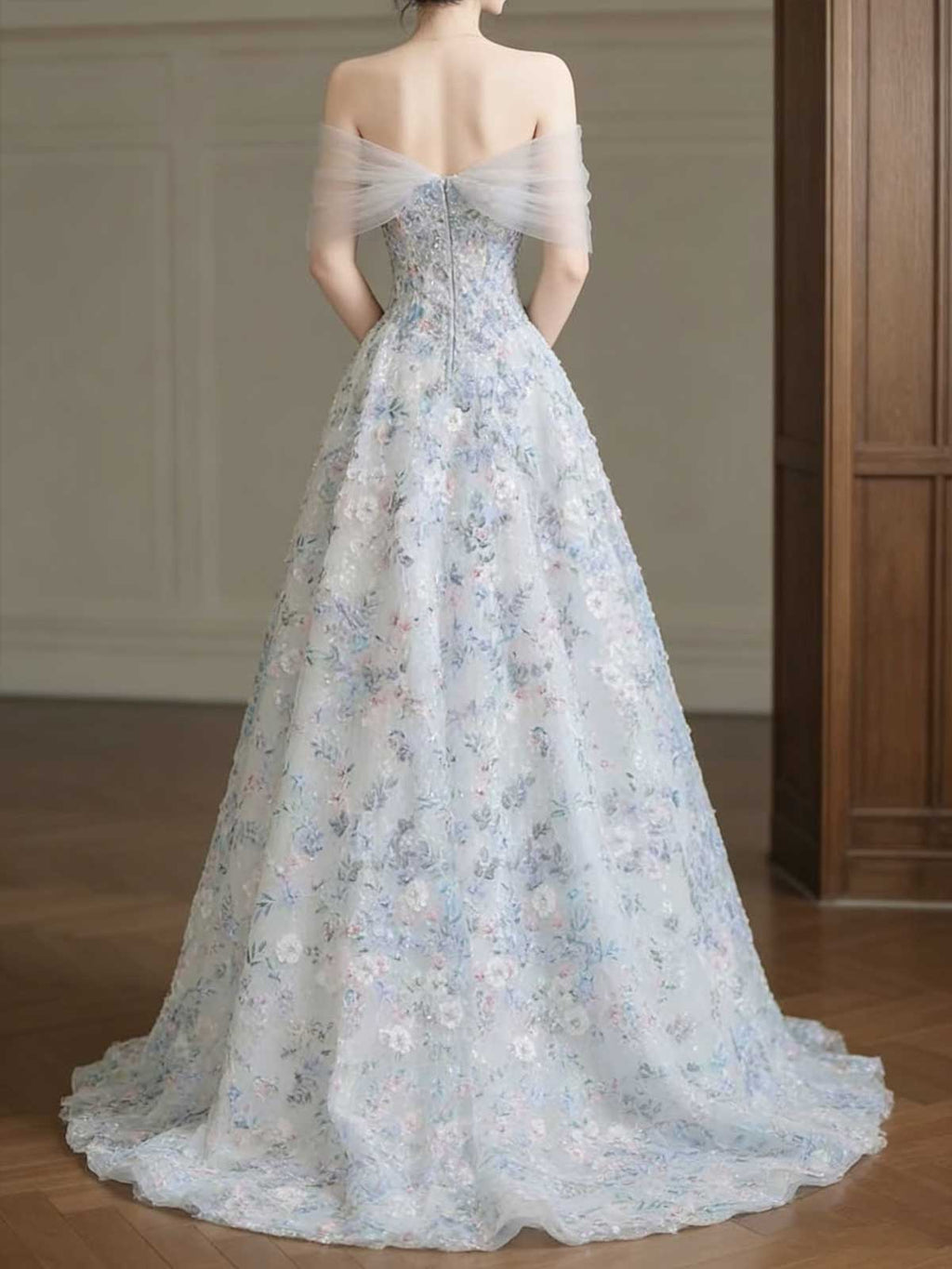 Pastel Blue Pink Floral Sequin Off-the-Shoulder A-Line Evening Gown